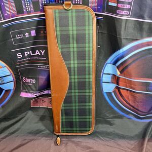 Roundtree & Yorke Travel Tie Holder Zip Leather Trim Blue Green Plaid